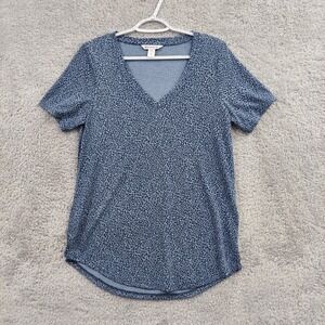 Athleta Womens Breezy Scoop V Neck Tee Blue Leopard Athleisure Comfort Medium